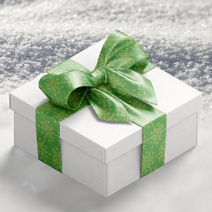 Sophisticated Gold on Green Snowflake Satin Ribbon