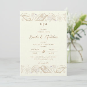 Sophisticated Gold Shells & Ivory Coastal Wedding Invitation