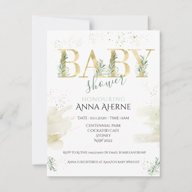 Sophisticated gold with sage green baby shower invitation (Front)
