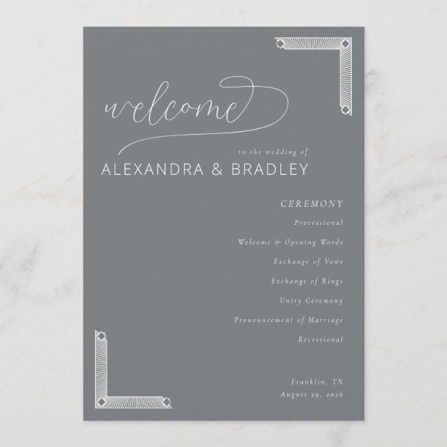 Sophisticated Gray Wedding Ceremony Schedule Program (Front)