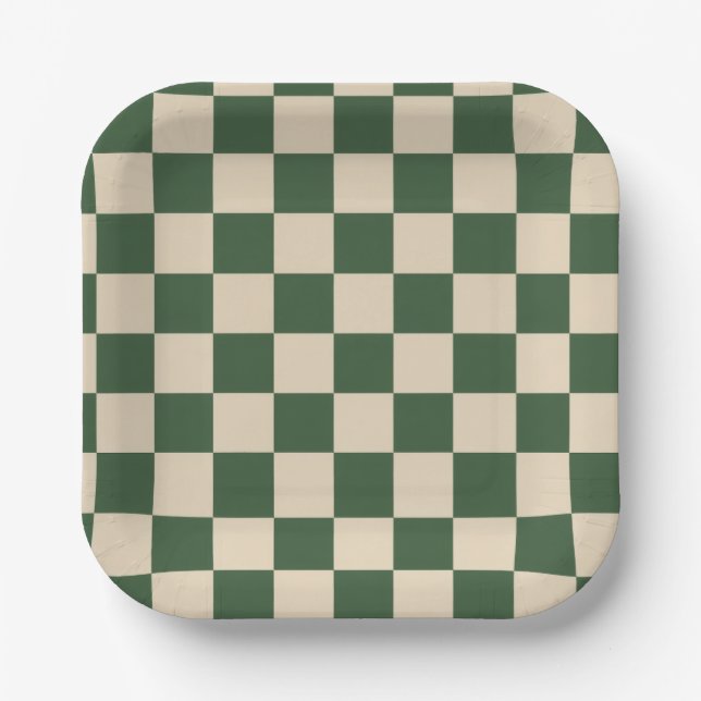 Sophisticated Green and Cream Chequered Pattern Paper Plate (Front)