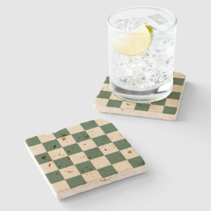Sophisticated Green and Cream Chequered Pattern Stone Coaster