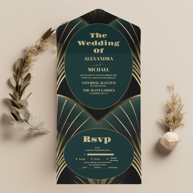 Sophisticated Green and Gold Art Deco Wedding  All In One Invitation (Creator Uploaded)