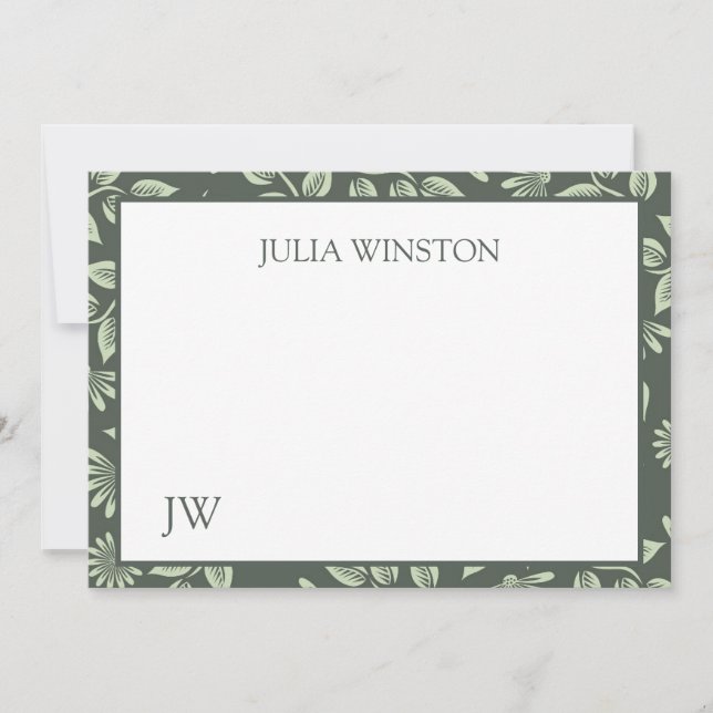 Sophisticated Green Floral Name Initials Note Card (Front)