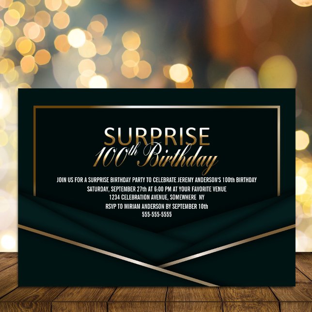 Sophisticated Green Gold 100th Surprise Birthday Invitation (Creator Uploaded)