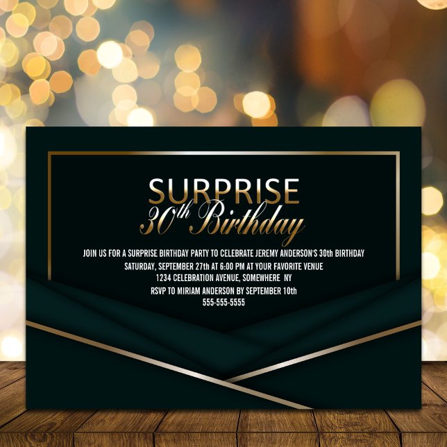 Sophisticated Green Gold 30th Surprise Birthday Invitation (Creator Uploaded)