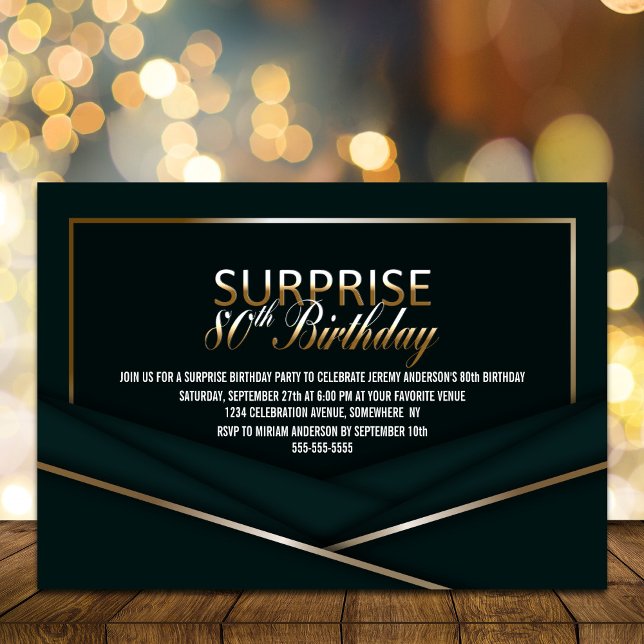 Sophisticated Green Gold 80th Surprise Birthday Invitation (Creator Uploaded)
