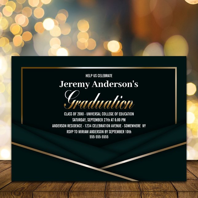 Sophisticated Green Gold Graduation Party Invitation (Creator Uploaded)