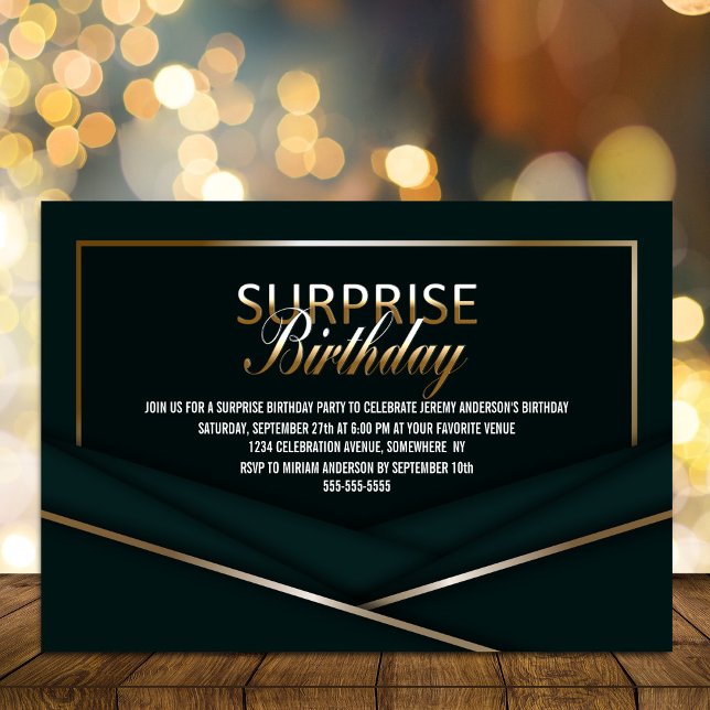 Sophisticated Green Gold Surprise Birthday Invitation (Creator Uploaded)