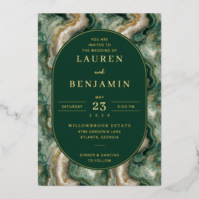 Sophisticated Green Marbled Wedding Invitation (Front)