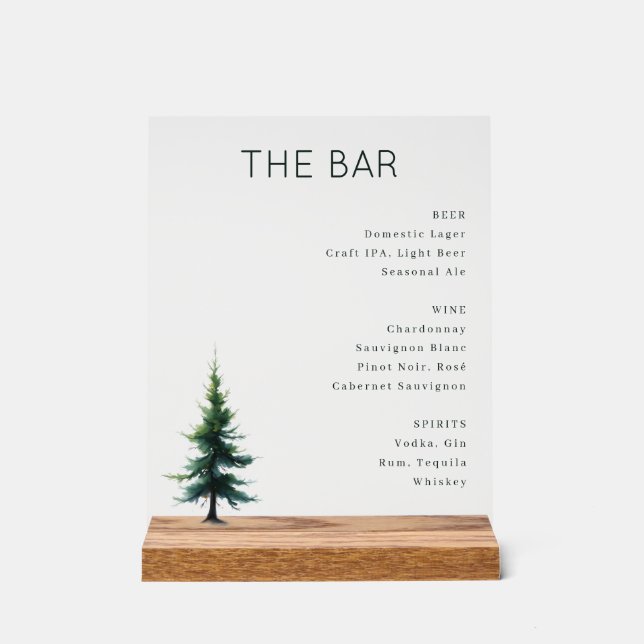 Sophisticated Green Minimalist Bar Menu Acrylic Sign (Front)