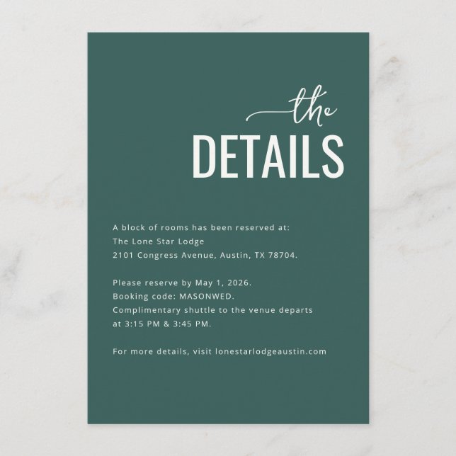 Sophisticated Green Typographic Details Enclosure Card (Front)