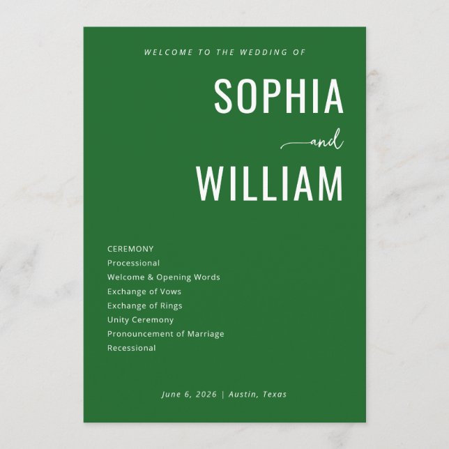 Sophisticated Green Wedding Ceremony Schedule Program (Front)