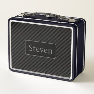 Sophisticated Grey & Black Pinstriped Personalised Metal Lunch Box