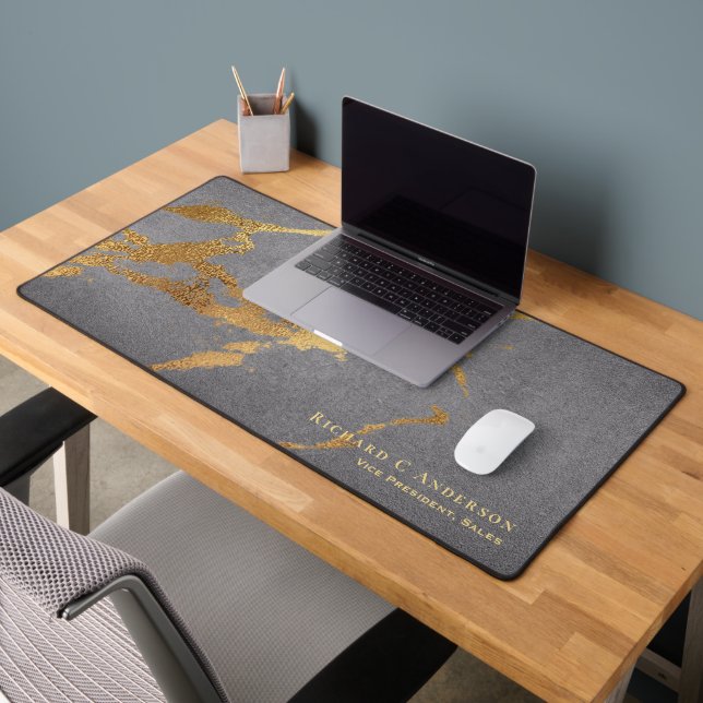 Sophisticated Grey Gold Marble Look Name & Title Desk Mat (Office 2)