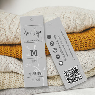Sophisticated Grey Leaf Social QR Apparel Tags