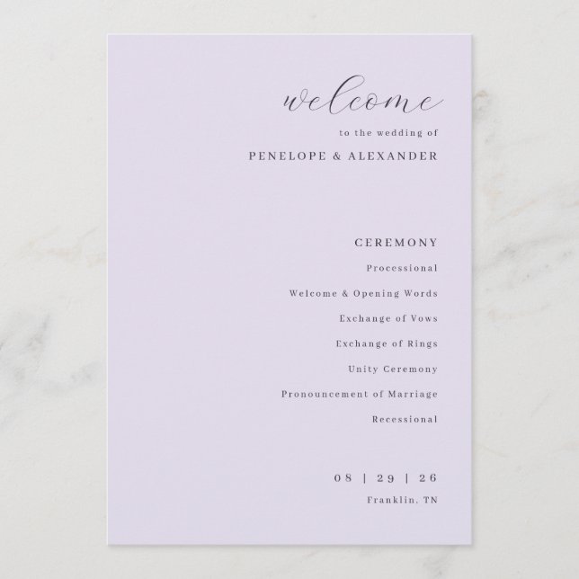 Sophisticated Lavender Wedding Ceremony Schedule Program (Front)