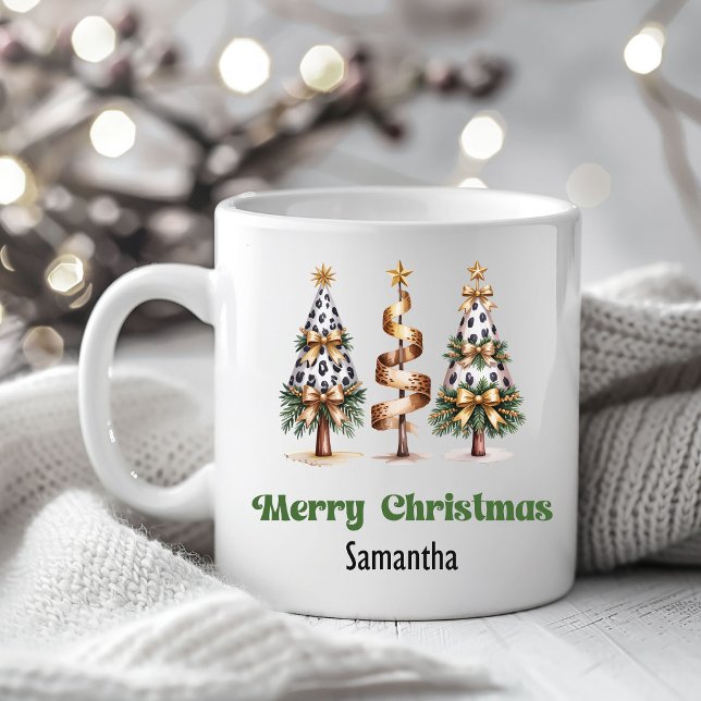 Sophisticated Leopard Christmas Trees Custom Name  Coffee Mug (Sophisticated Leopard Christmas Trees Custom Name Mug)