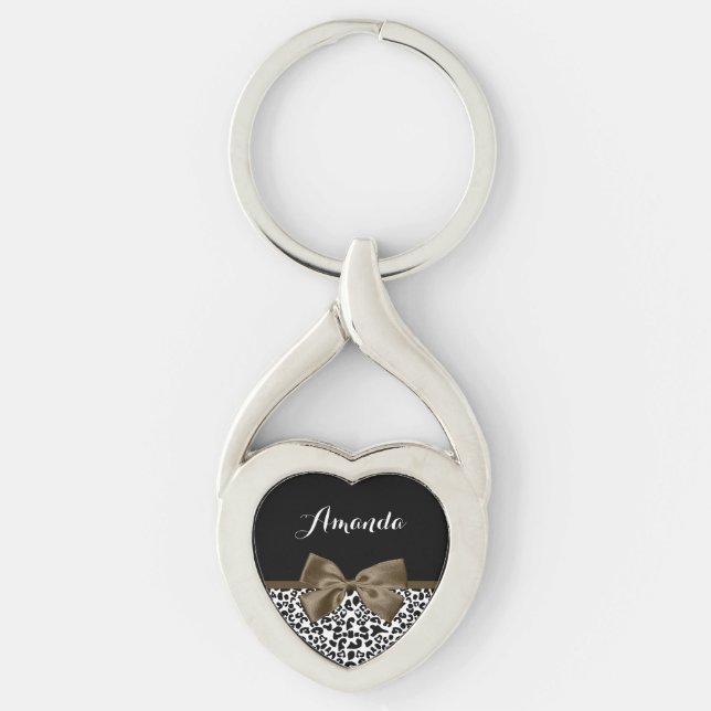 Sophisticated Leopard Print Brown Bow With Name Key Ring (Front)