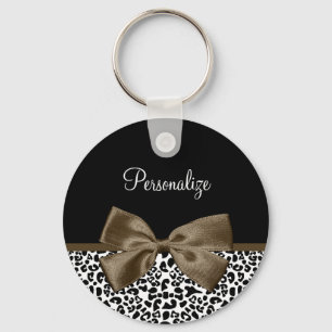 Sophisticated Leopard Print Brown Bow With Name Key Ring