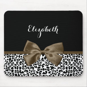 Sophisticated Leopard Print Brown Bow With Name Mouse Pad