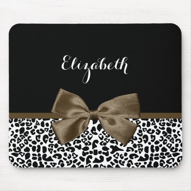 Sophisticated Leopard Print Brown Bow With Name Mouse Pad (Front)