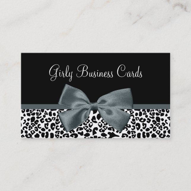 Sophisticated Leopard Print Grey Bow Boutique Business Card (Front)