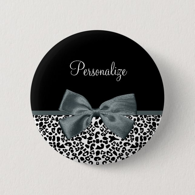 Sophisticated Leopard Print Grey Bow With Name 6 Cm Round Badge (Front)