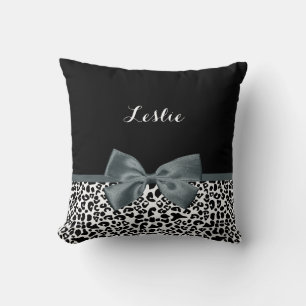 Sophisticated Leopard Print Grey Bow With Name Cushion