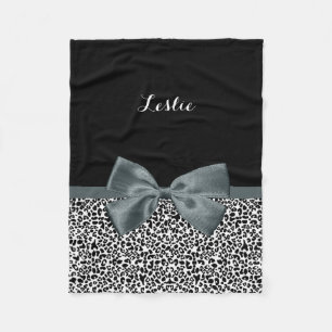 Sophisticated Leopard Print Grey Bow With Name Fleece Blanket