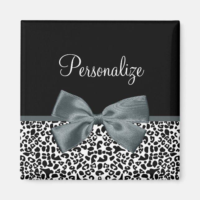 Sophisticated Leopard Print Grey Bow With Name Magnet (Front)