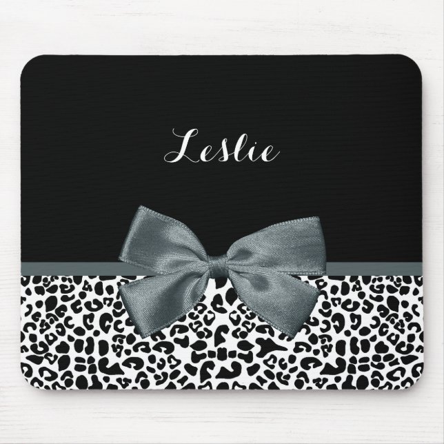 Sophisticated Leopard Print Grey Bow With Name Mouse Pad (Front)