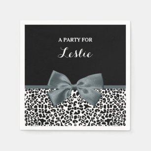 Sophisticated Leopard Print Grey Bow With Name Napkin