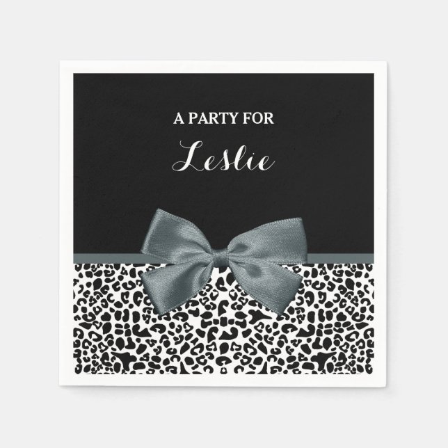 Sophisticated Leopard Print Grey Bow With Name Napkin (Front)