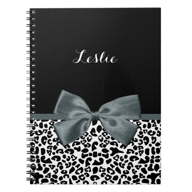Sophisticated Leopard Print Grey Bow With Name Notebook (Front)