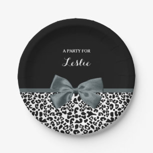 Sophisticated Leopard Print Grey Bow With Name Paper Plate