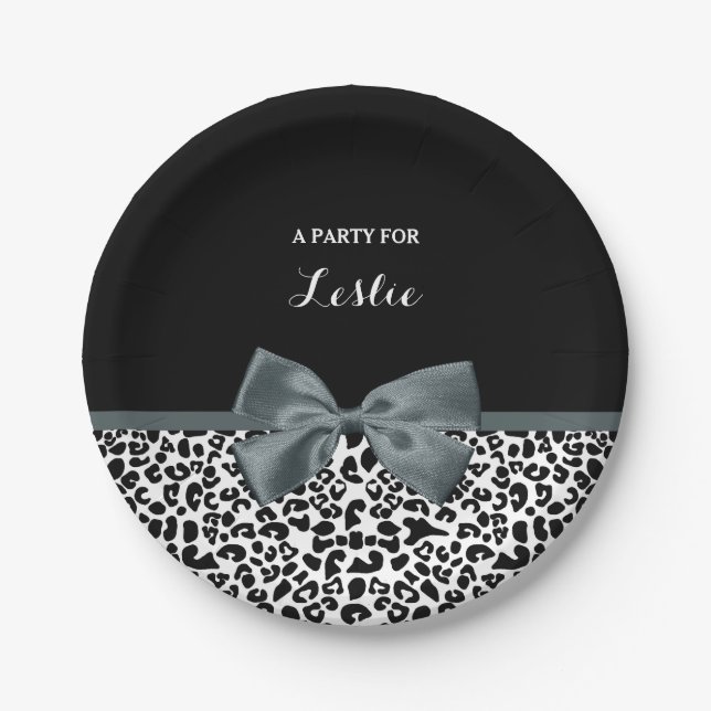 Sophisticated Leopard Print Grey Bow With Name Paper Plate (Front)
