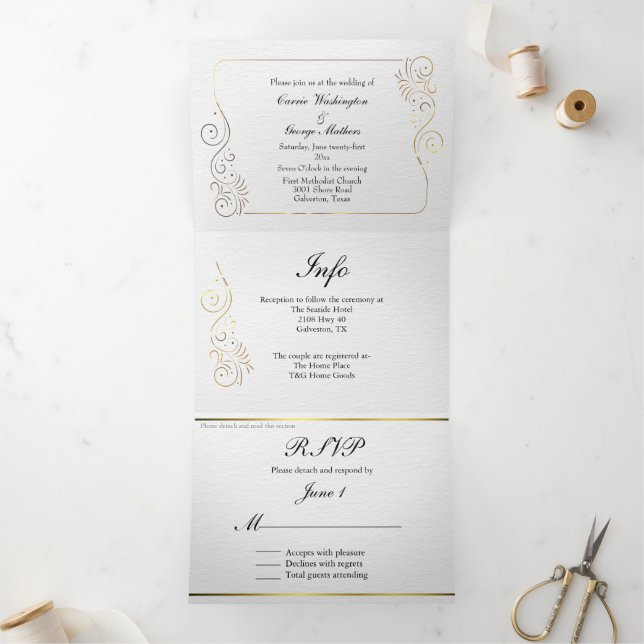 Sophisticated Luxurious Gold Flourish Wedding Tri-Fold Invitation (Inside)