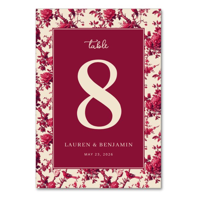 Sophisticated Maroon Floral Table Number (Front)