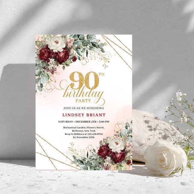 Sophisticated Maroon Flowers Gold 90th Birthday  Invitation (Sophisticated Maroon Flowers Gold 90th Birthday Invite)