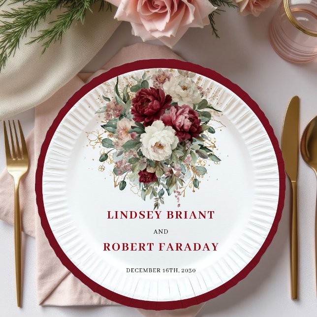 Sophisticated Marsala Boho Floral Gold Plates (Sophisticated Marsala Boho Floral Gold Plates)