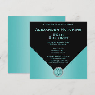 Sophisticated Masculine Black & Aqua Birthday Invitation