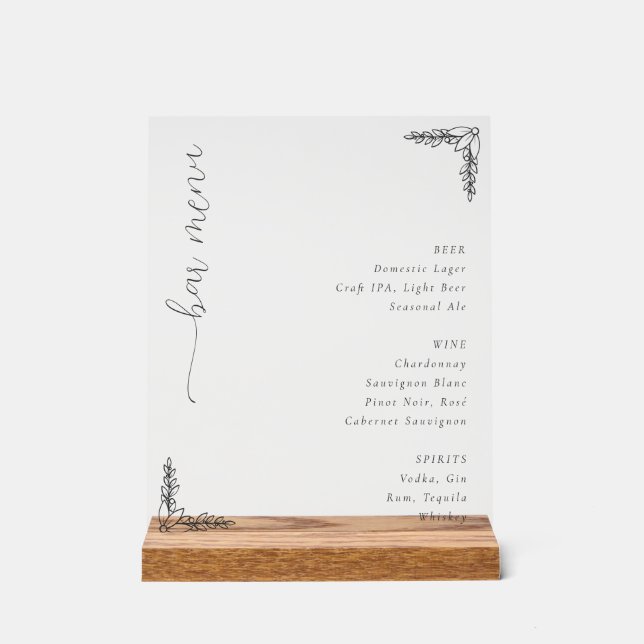 Sophisticated Minimalist Bar Menu Acrylic Sign (Front)