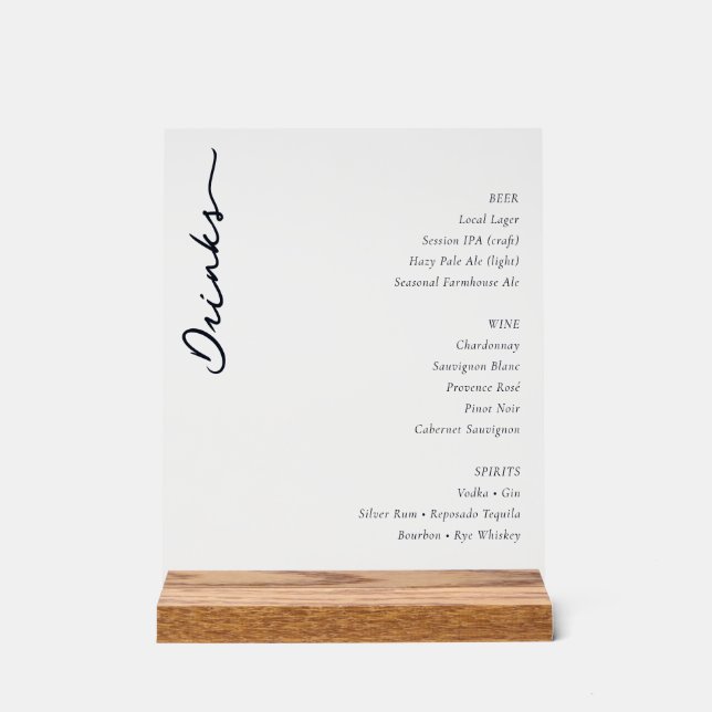 Sophisticated Minimalist Beverage Menu Acrylic Sign (Front)