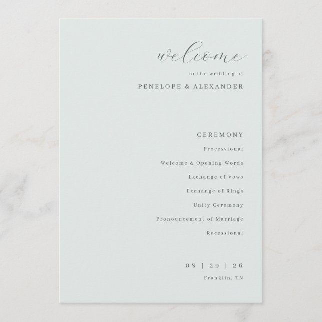Sophisticated Mint Typographic Wedding Program (Front)