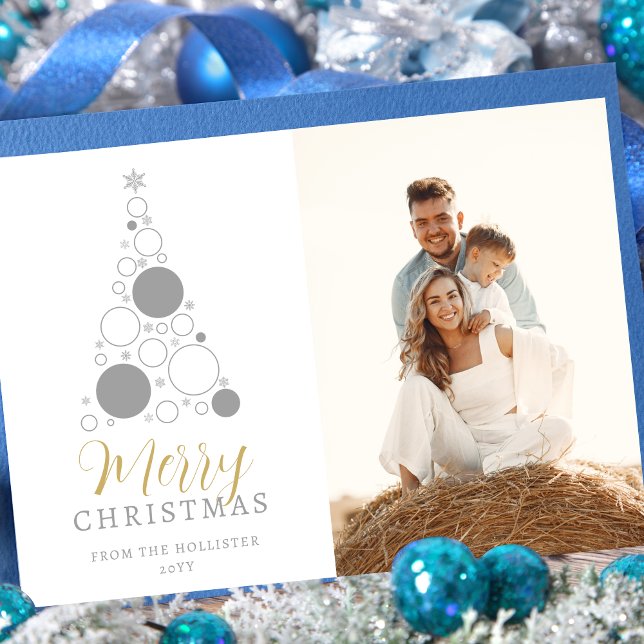 Sophisticated Modern Christmas Tree Photo Family Holiday Card (Sophisticated Modern Christmas Tree Photo Family in Grey and Fake Gold Holiday Card with Envelope.)