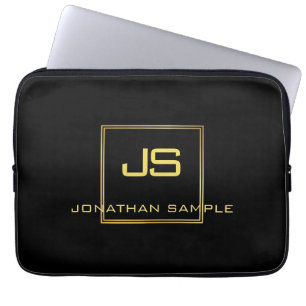 Sophisticated Monogram Black Gold Template Laptop Laptop Sleeve