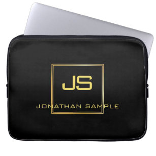 Sophisticated Monogram Black Gold Template Laptop Laptop Sleeve