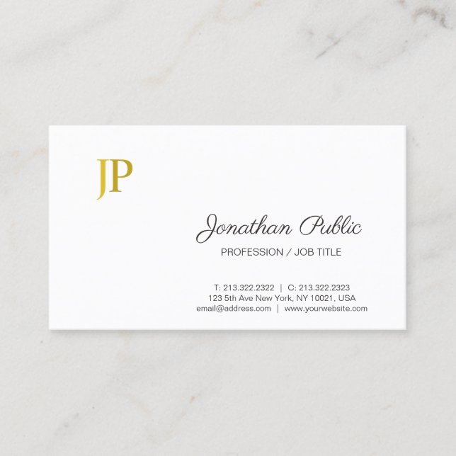 Sophisticated Monogram White Gold Modern Plain Business Card (Front)