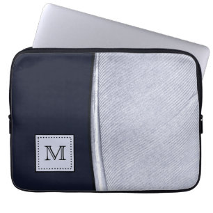 Sophisticated Navy and Silver Feather Monogram Laptop Sleeve